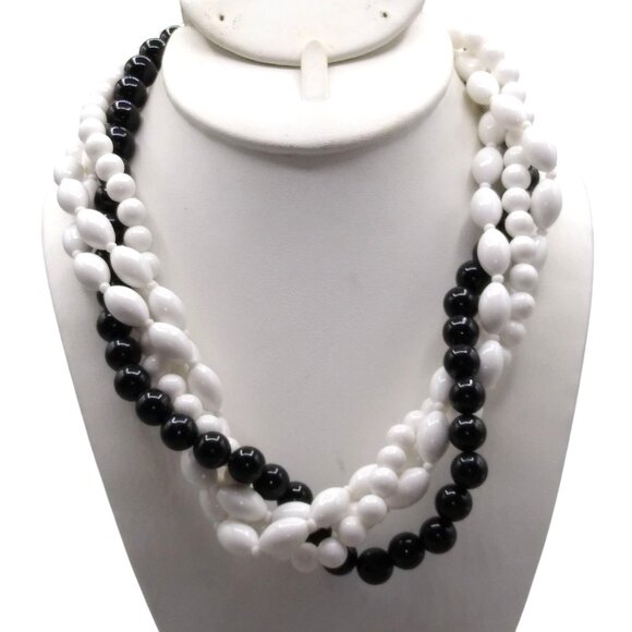 Black and White Torsade Necklace, 4 Strand Plastic Beads, Unique Coordinating - Picture 1 of 3